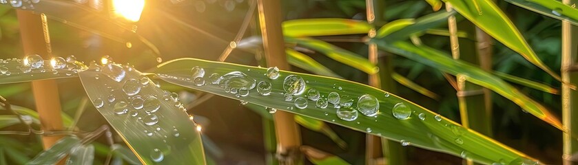 Close-up of bamboo leaves with water droplets in warm sunlight, showcasing a serene and natural atmosphere in a garden setting.