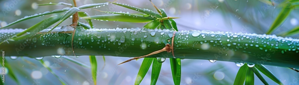 Poster close-up of a green bamboo stem covered with water droplets, creating a refreshing and natural scene