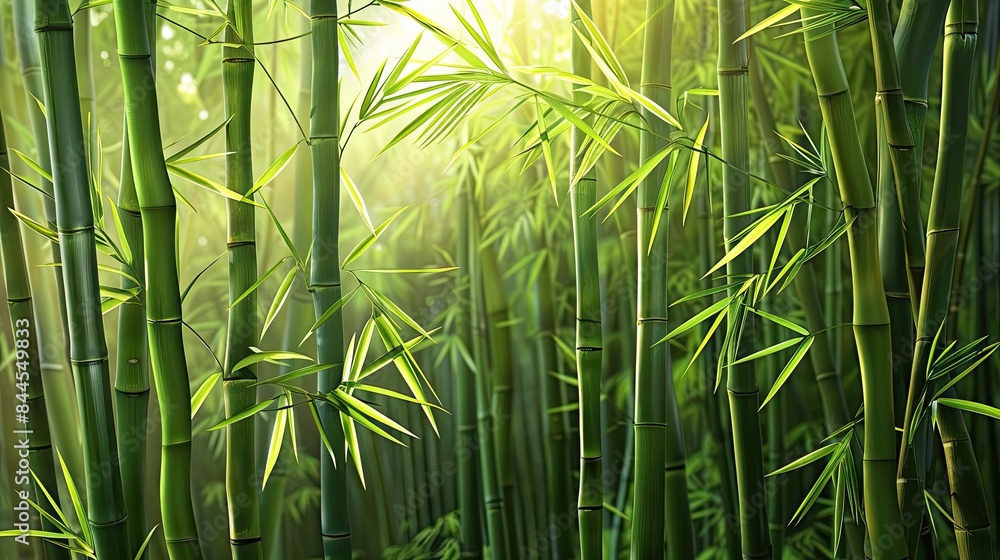 Poster lush green bamboo forest with sunlight filtering through leaves, creating a serene and tranquil natu