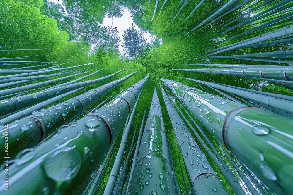 Poster low angle view of lush green bamboo forest with dew drops on leaves against a bright sky, creating a