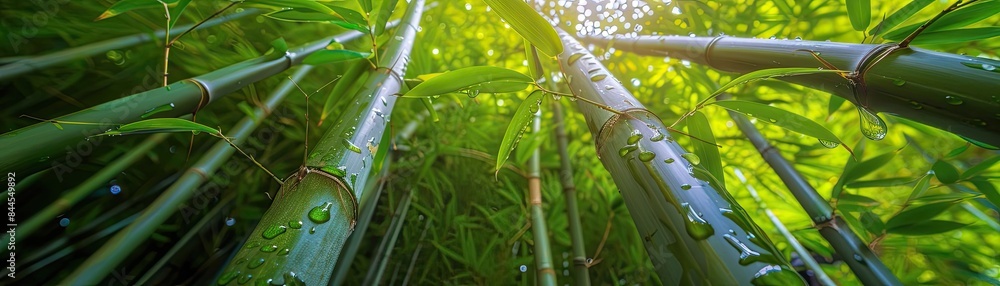 Poster sunlight filtering through lush green bamboo leaves and tall stalks, creating a serene and natural f
