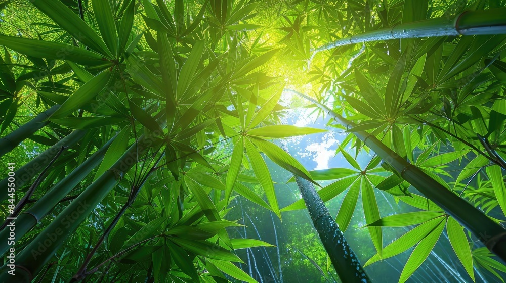 Poster lush green bamboo forest with sunlight filtering through the leaves, creating a tranquil and serene 