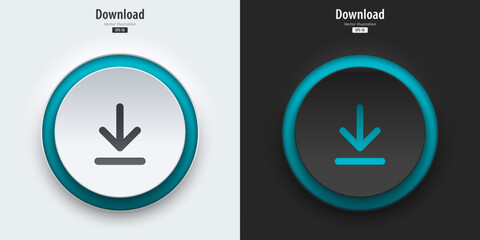 Download sign. A set of black and white round buttons with Download symbols. Download icon. 3D Neumorphism design style for Apps, Websites, Interfaces, and mobile apps. UI UX. Vector illustration.