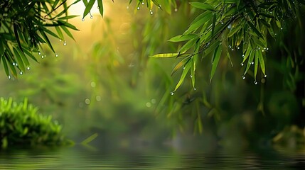 Fototapeta premium Serene bamboo forest with raindrops on leaves, creating a tranquil, lush green scene perfect for nature and relaxation themes.