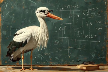A whimsical and humorous illustration of a stork wearing glasses, standing in front of a blackboard as a teacher or professor. © Liza