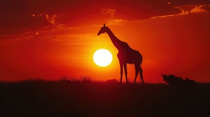 A giraffe stands in the grass in front of a setting sun