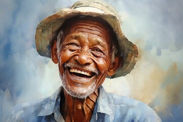 Digital painting of a cheerful senior man in a straw hat with a heartwarming smile