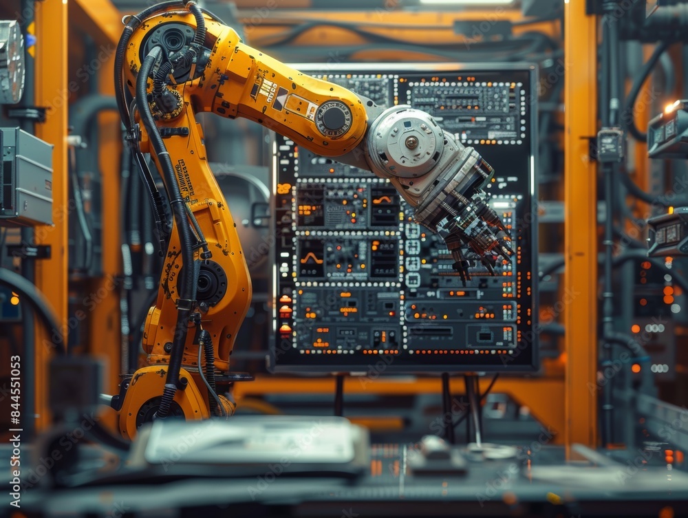 Poster robot arm in an industrial setting assembling a circuit board with precision. high-tech automation i