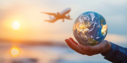 A hand holding a small Earth globe with an airplane in the background during sunset, symbolizing global travel, unity, and environmental awareness.