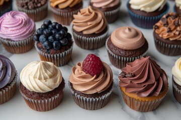 Gourmet cupcakes with assorted frosting and toppings, perfect for a rich and indulgent dessert display