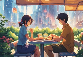 an Indian boy and girl discussing with each other while smiling kindly in a city with anime and cartoon style