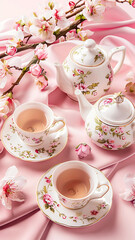 Close up of pastel pink Royal Doulton teapot and tea set for an elegant high tea party table set up an assortment of cupcakes, sweets and pastries. Pink cute cozy table. Traditional English tea