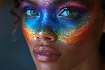 A close-up portrait of a womans face with colorful paint, focusing on the eyes and lips