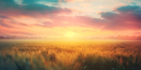 Fototapeta premium Countryside Sunrise Beautiful blurred background image of a countryside sunrise with a field of crops, morning mist, and a colorful sky. no noise neat and clean high quality 4op