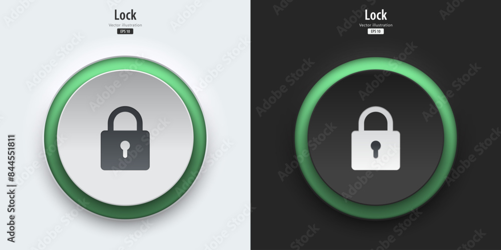 Poster Padlock sign. A set of black and white push buttons with Padlock symbols. Security concept. 3D Neumorphism design style for Apps, Websites, Interfaces, and mobile apps. UI UX. Vector illustration.