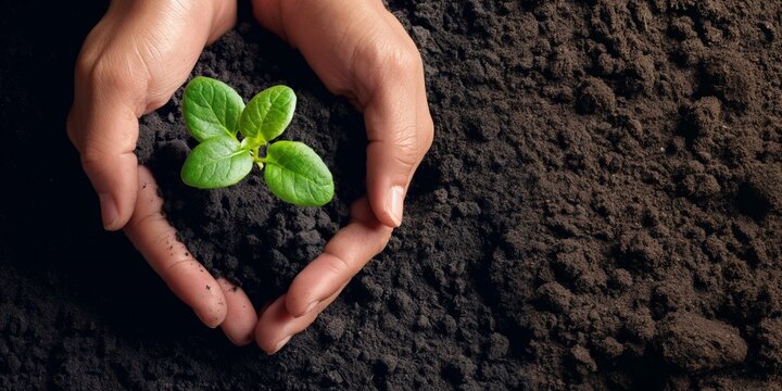A person's hands gently cupping a small, green sprout growing in dark, rich soil, symbolizing growth, nurturing, and the beginning of new life in harmony with nature.