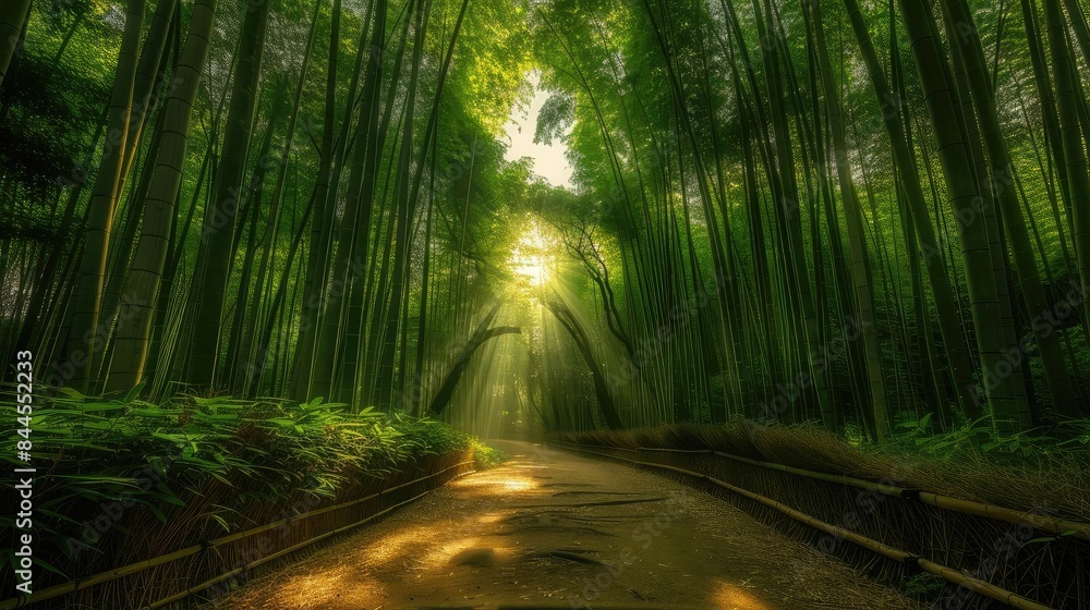 Poster sunlight filters through a serene bamboo forest, illuminating a tranquil pathway surrounded by tower