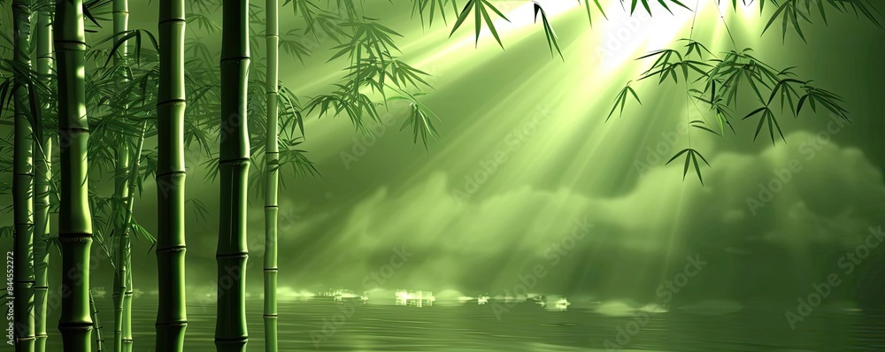 Poster serene bamboo forest with sunlight filtering through green leaves, creating a tranquil and peaceful 