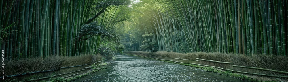 Aufkleber Serene bamboo forest with a pathway and sunlight streaming through the trees, creating a tranquil and mystical atmosphere.