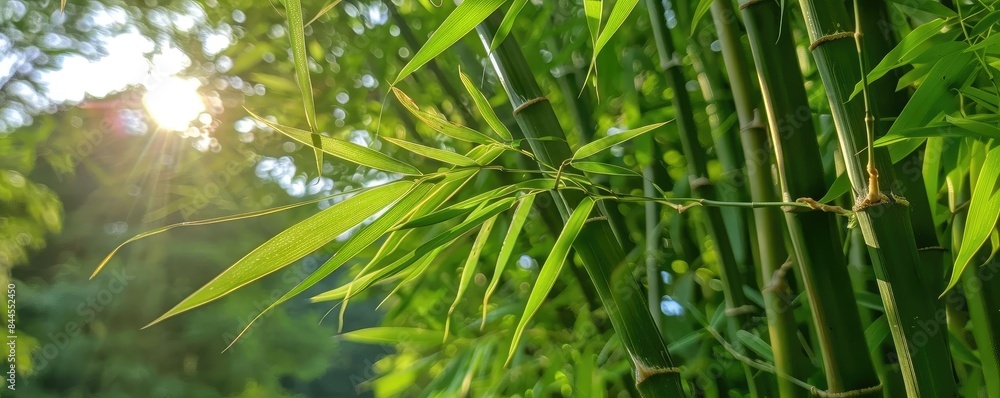 Poster close-up of vibrant green bamboo leaves with sunlight filtering through, creating a serene and natur