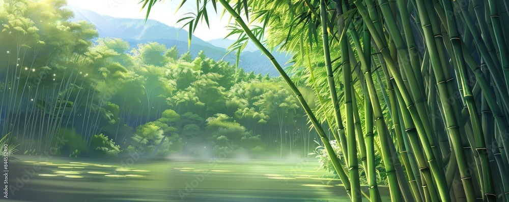 Aufkleber serene bamboo forest with sunlight filtering through the tall trees, creating a peaceful and tranqui