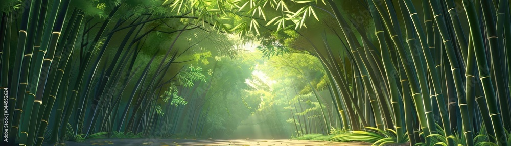 Poster Sunlight filters through a lush bamboo forest forming a natural archway, creating a tranquil and serene pathway in the heart of nature.