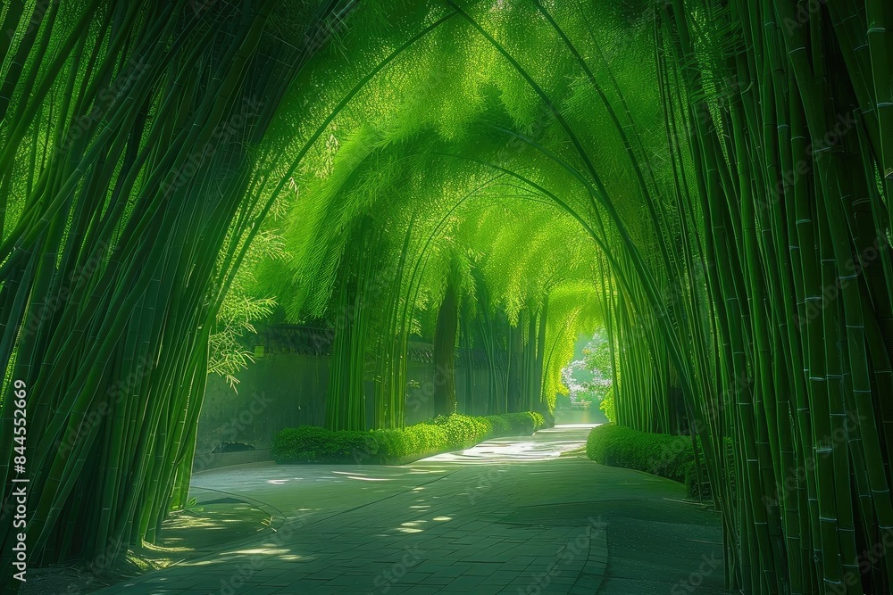 Poster Lush green bamboo forest pathway with sunlight filtering through the arching bamboo stems, creating a peaceful and serene atmosphere.
