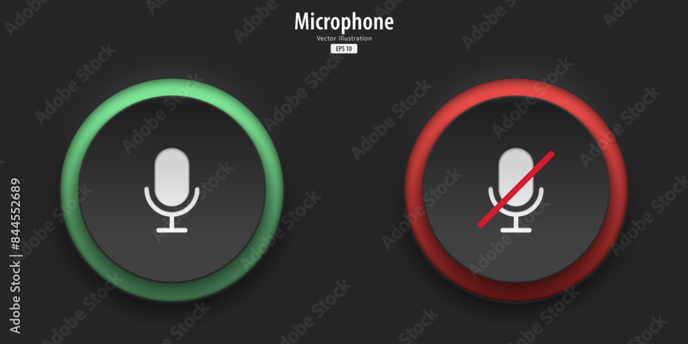Leinwandbilder microphone sign. a set of black push buttons with on and off microphone symbols. 3d neumorphism desi