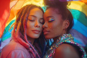 Two women embrace under vibrant rainbow pride flag, their eyes closed in peaceful connection