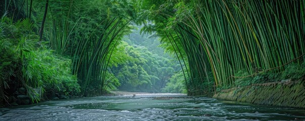 Serene river winding through a lush bamboo forest with arching trees forming a natural canopy, conveying tranquility and peace.