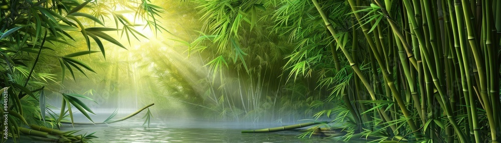 Aufkleber Sun rays penetrating through bamboo forest with mist over a serene river in dense greenery, creating a calming natural ambiance.