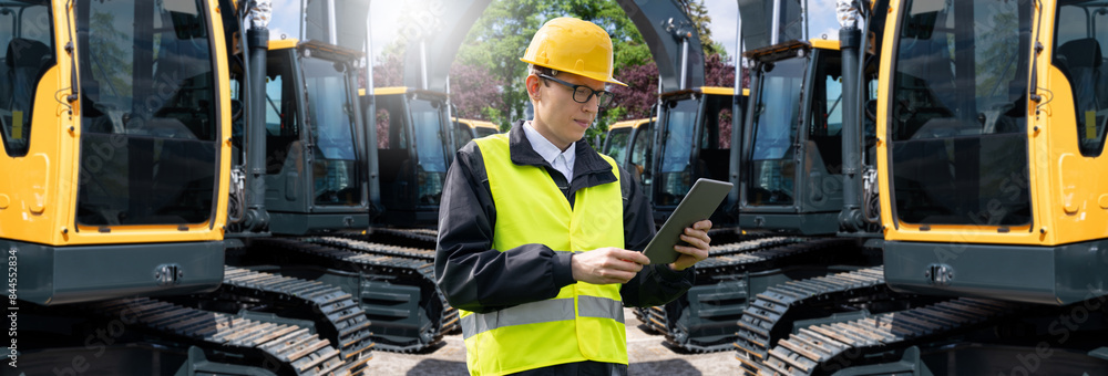 Poster Engineer in a helmet with a digital tablet stands next to construction excavators..