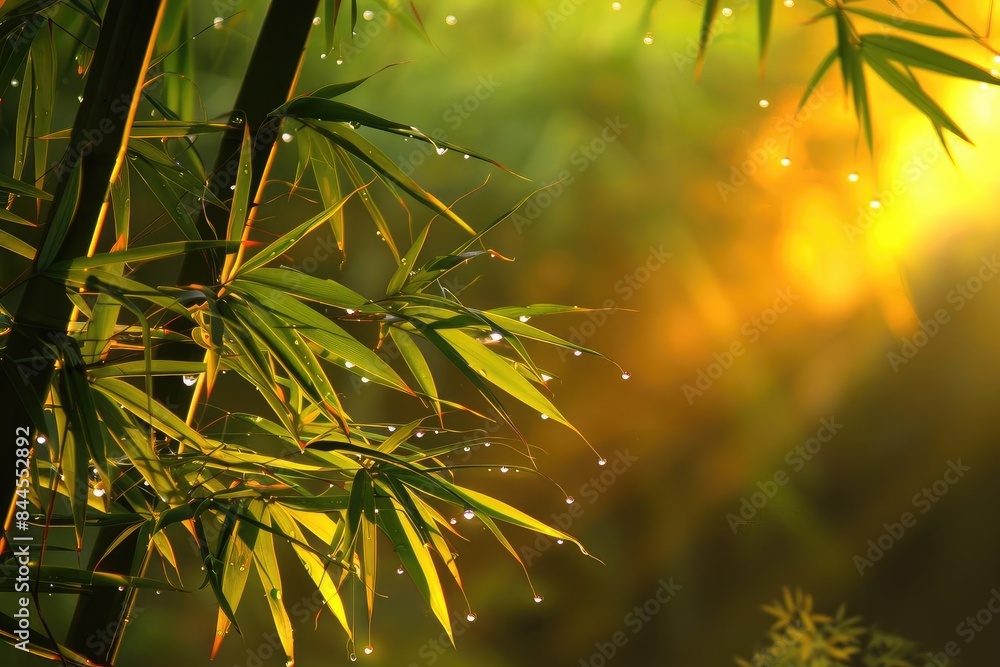 Poster Sunlight filters through bamboo leaves with dew drops, creating a serene and peaceful nature scene with warm and vibrant lighting.