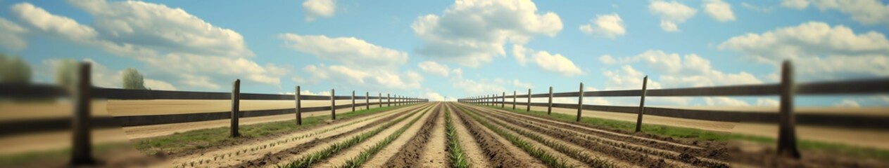 Obraz premium Panoramic Rural Landscape with Golden Wheat Fields, Verdant Crops, Wooden Fence, and a Vast Blue Sky with Cumulus Clouds