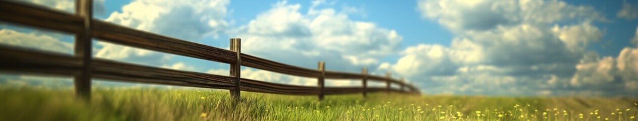 Fototapeta premium Farm Field Rustic blurred background image of a farm field with rows of crops, a wooden fence, and a blue sky with puffy white clouds.