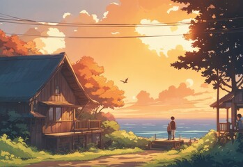 illustration of a boy falling in love with a girl. cartoon and anime style