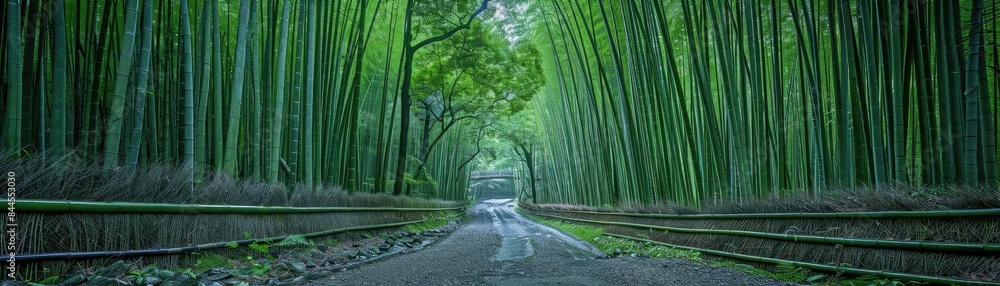 Aufkleber scenic path surrounded by tall green bamboo trees, creating a serene natural tunnel, ideal for peace