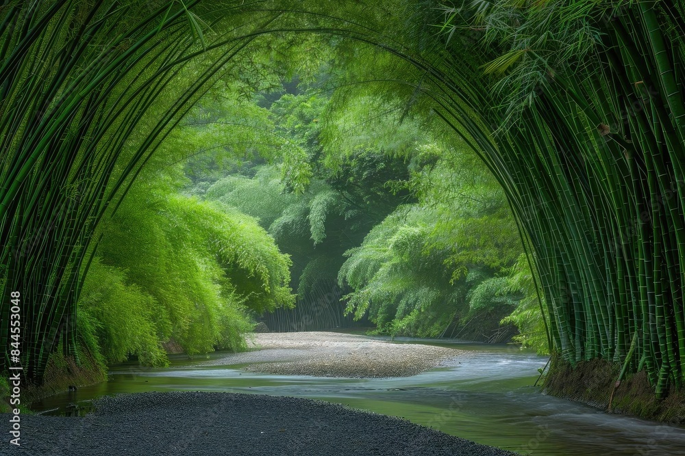 Poster a serene bamboo grove forming a natural archway over a peaceful path, creating a tranquil and enchan