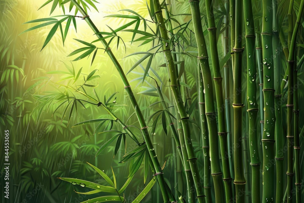 Poster Serene bamboo forest with sunlight filtering through the leaves, creating a peaceful and natural atmosphere. Ideal for nature-themed projects.
