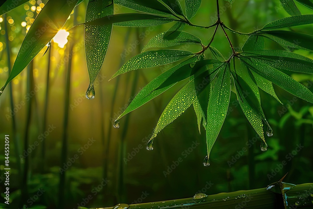 Poster morning sunlight filters through lush green bamboo leaves with dew drops, creating a serene and tran