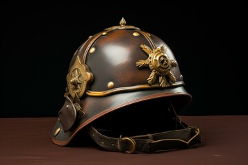 Vintage military helmet with intricate details displayed against a dark backdrop