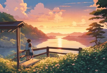 illustration of a boy falling in love with a girl. cartoon and anime style