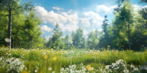 Fototapeta premium grass and sun, Meadow with Mountains Beautiful blurred background image of a green meadow with distant mountains, wildflowers, and a bright blue sky. 