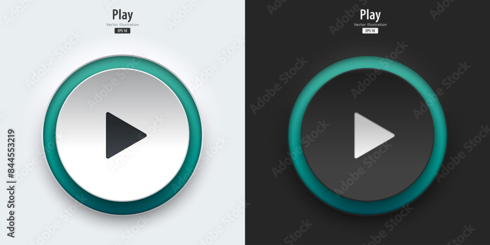 Poster Play sign. A set of black and white push buttons with Play symbols. Play music and multimedia. 3D Neumorphism design style for Apps, Websites, Interfaces, and mobile apps. UI UX. Vector illustration.