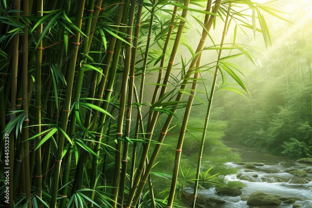 Poster Serene bamboo forest with sunlight filtering through, lush greenery and a flowing stream creating a tranquil, peaceful nature scene.