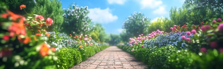 path in the park, Garden Pathway Enchanting blurred background image of a garden pathway lined with blooming flowers, green shrubs, and a blue sky on a sunny day. 