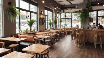 Cozy and inviting café interior with rustic wooden furniture and large windows allowing natural light to flood the space. The café features wooden tables and chairs, a row of high stools along the win