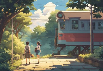 illustration of a boy falling in love with a girl. cartoon and anime style