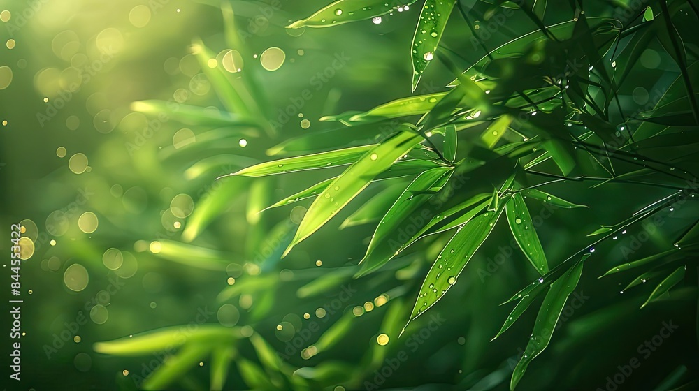 Aufkleber close-up of vibrant green bamboo leaves with drops of dew, illuminated by gentle sunlight, creating 