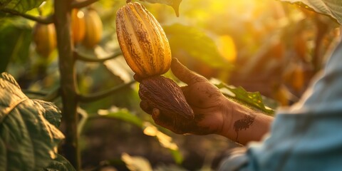 A close-up shot of a person, with a dirt-stained hand, harvesting both ripe and unripe cocoa pods from a cocoa tree, highlighting the artisanal and manual labor involved in cocoa farming.